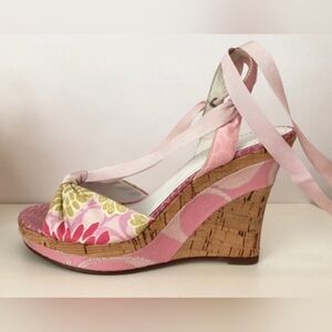 78Vintage Coach Pink Floral Ribbon Slingback Wedge Sandals. Never Worn.